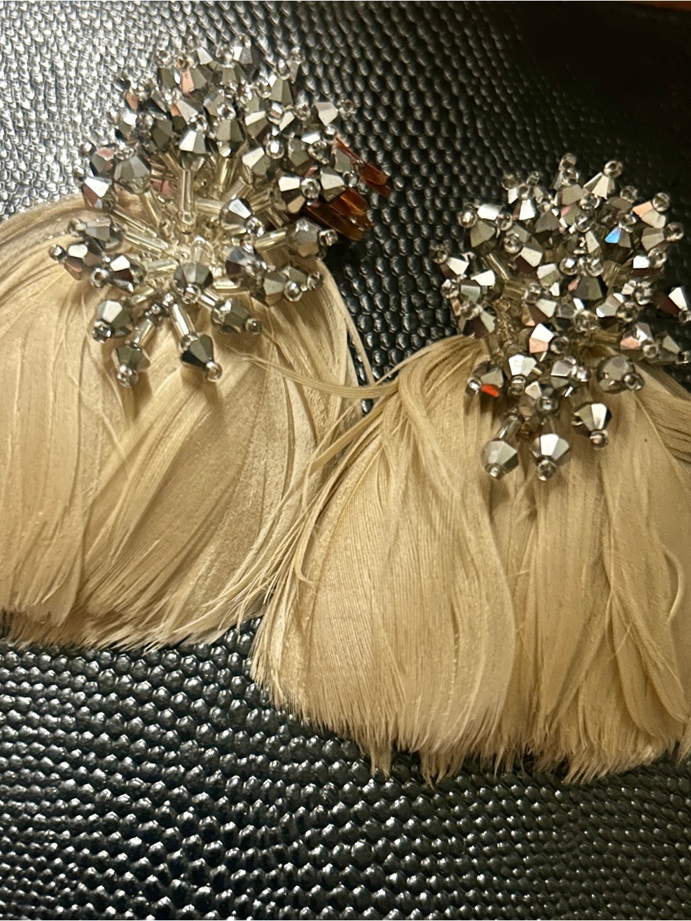 Mignonne Gavigan Delaney Feather Drop Earrings Tan Beige Crystal Cluster Luxury